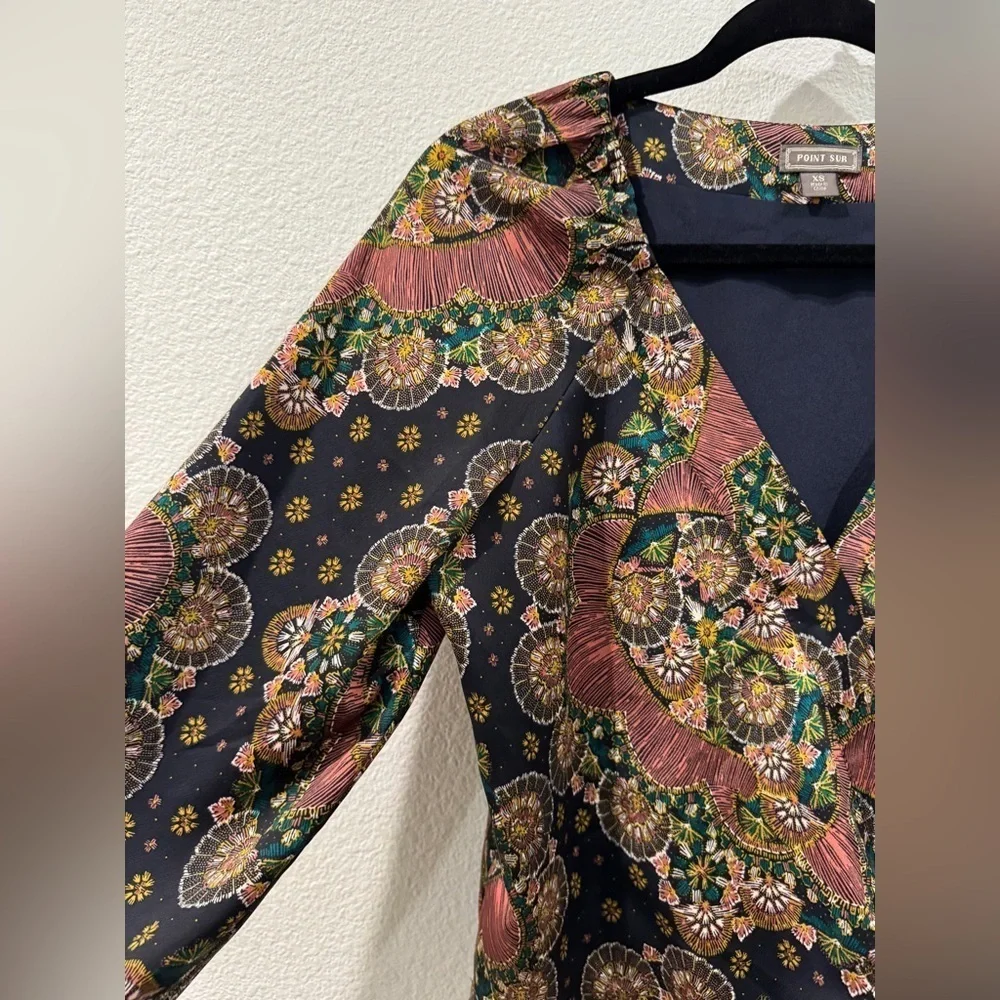 J.Crew Point Sur Satin Crepe Paisley Floral Wrap Tie Black Blouse Top Size XS